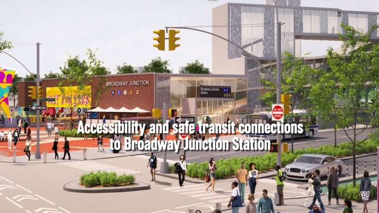 Rendering of public realm improvements to Broadway Junction. Text overlay reads &quot;Accessibility and safe transit connections to Broadway Junction Station&quot;