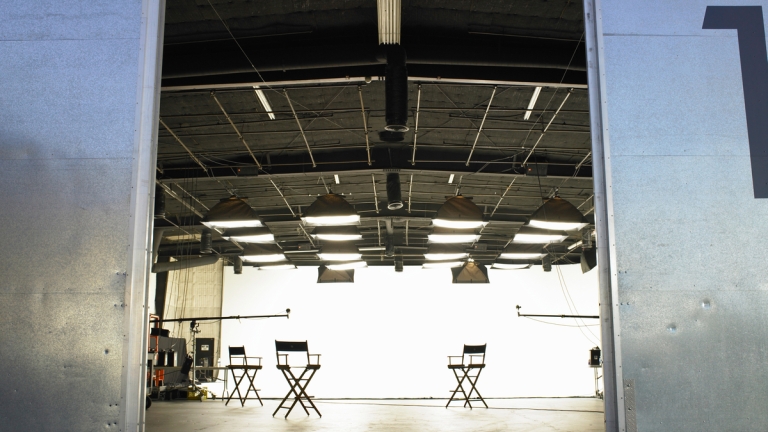 Lighting equipment and folding chairs in film studio