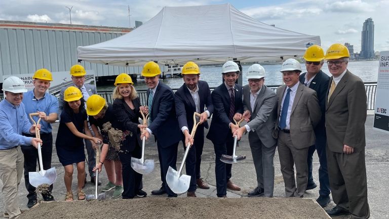 Group of people from NYCEDC and Solar One at Solar One Environmental Education Center Groundbreaking