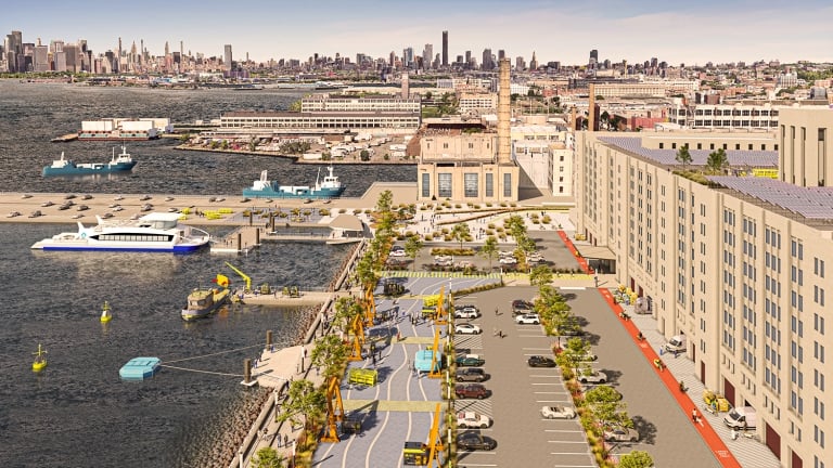 Aerial rendering of Climate Innovation Hub at Brooklyn Army Terminal showing a waterfront area with boats docked, a parking lot, buildings, and a distant city skyline in the background. Aerial rendering of Climate Innovation Hub at Brooklyn Army Terminal showing a waterfront area with boats docked, a parking lot, buildings, and a distant city skyline in the background.