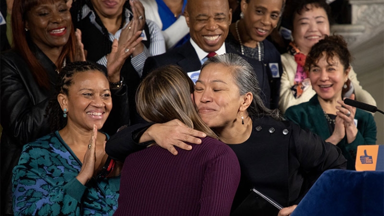 NYC Mayor Eric Adams, Deputy Mayor Maria Torres-Springer and Women Forward NYC team members at City Hall.