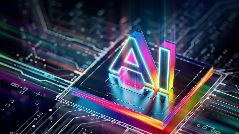  A colorful neon AI logo stands on a glowing microchip, symbolizing artificial intelligence. The background features electronic circuit patterns, highlighting a futuristic and technological theme.