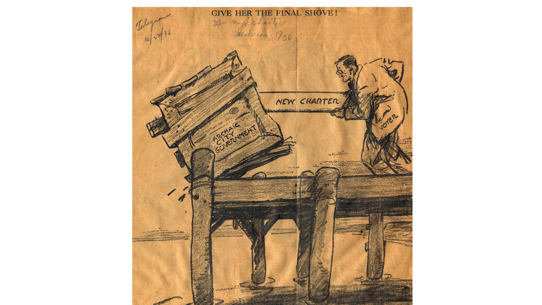 A political cartoon from the Telegram, October 22, 1936, showing a man labeled Voter pushing a box labeled Archaic School Government off a dock with a plank labeled New Charter. The caption reads, “Give her the final shove!”.
