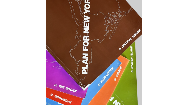 Show thumbnail preview Five colorful booklets titled Plan for New York are stacked, each labeled for a different borough: The Bronx, Brooklyn, Manhattan, Queens, and Staten Island, with the top one titled Critical Issues.
