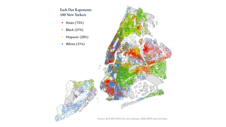 Map of New York City showing racial distribution by dot density. Each dot represents 100 people: red for Black, blue for White, green for Hispanic, and orange for Asian residents, highlighting neighborhood racial patterns.