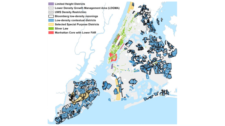 Map of Manhattan and the Bronx showing various residential zoning districts, including limited height, low-density, special purpose areas, and selected rezonings, highlighted in different colors and patterns.