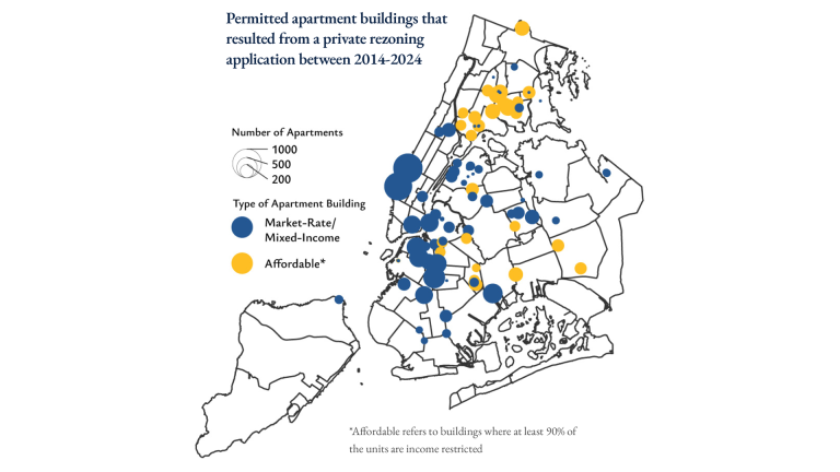 Map of New York City showing locations of permitted apartment buildings from 2014-2024. Dots represent number and type: blue for market-rate/mixed-income, yellow for affordable. Larger dots indicate more apartments.