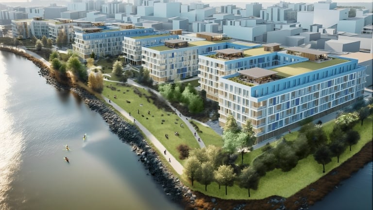Aerial rendering of New Stapleton Waterfront featuring modern waterfront apartment buildings with green roofs, landscaped paths, and people walking by the water, with kayakers paddling nearby and a cityscape in the background. Image credit: GF55 Architects. Aerial rendering of New Stapleton Waterfront featuring modern waterfront apartment buildings with green roofs, landscaped paths, and people walking by the water, with kayakers paddling nearby and a cityscape in the background. Image credit: GF55 Architects.
