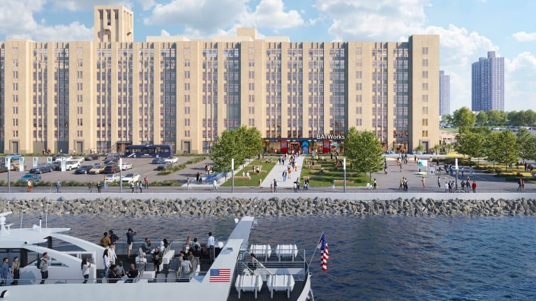 Exterior rendering of BATWorks shows a white NYC Ferry with passengers sailing along the waterfront. Behind it, a large tan building labeled BATWorks stands, with a green lawn, people walking, and trees in front. The sky is partly cloudy. Exterior rendering of BATWorks shows a white NYC Ferry with passengers sailing along the waterfront. Behind it, a large tan building labeled BATWorks stands, with a green lawn, people walking, and trees in front. The sky is partly cloudy.