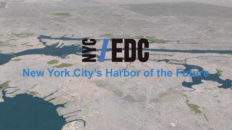 Aerial view of New York City’s harbor with the text NYC EDC and New York City's Harbor of the Future overlaid on the image. Aerial view of New York City’s harbor with the text NYC EDC and New York City's Harbor of the Future overlaid on the image.