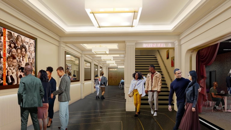 Interior rendering of Apollo Theater in Harlem, New York shows people walking and interacting in a stylish, modern theater lobby with bright lighting, wall art, and a staircase leading to the balcony level. Some individuals are seated in a side lounge area, while others converse in the hallway. Courtesy of Charcoalblue, Flyleaf Creative, and Beyer Blinder Belle. Interior rendering of Apollo Theater in Harlem, New York shows people walking and interacting in a stylish, modern theater lobby with bright lighting, wall art, and a staircase leading to the balcony level. Some individuals are seated in a side lounge area, while others converse in the hallway. Courtesy of Charcoalblue, Flyleaf Creative, and Beyer Blinder Belle.