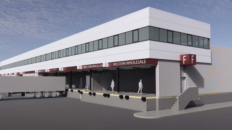 Render of Hunts Point Coop Market Building C Facade shows a modern warehouse building with large windows, multiple loading docks, a parked trailer, and signs reading WESTERN WHOLESALE. Two red F F signs are visible on the corner of the building. Render of Hunts Point Coop Market Building C Facade shows a modern warehouse building with large windows, multiple loading docks, a parked trailer, and signs reading WESTERN WHOLESALE. Two red F F signs are visible on the corner of the building.