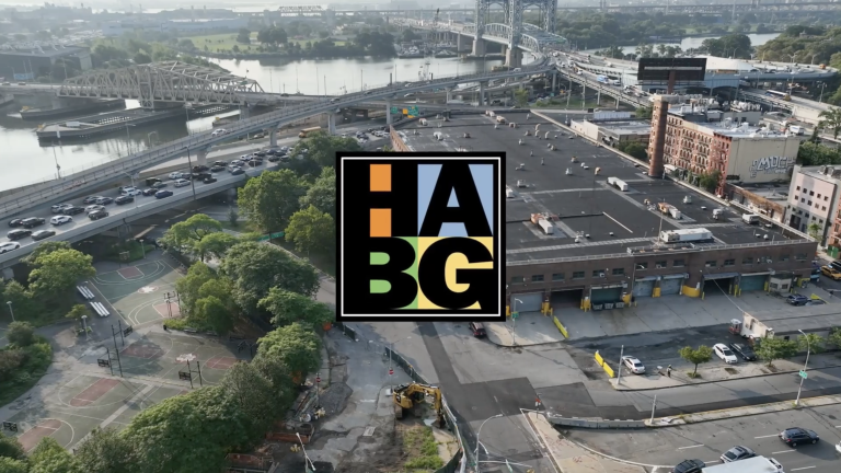 Aerial view of an urban industrial area with highways, trees, and a river in the background; a colorful HABG logo is overlaid in the center of the image.
