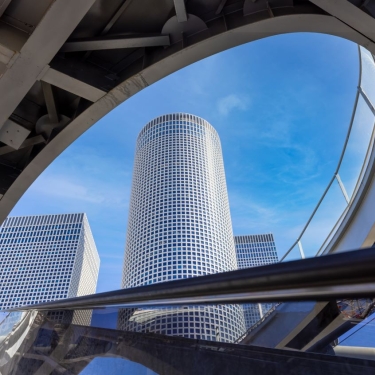 Israel, Tel Aviv financial business district skyline includes shopping malls and high tech offices