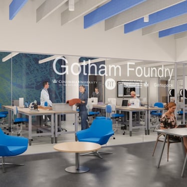 Rendering of Gotham Foundry shows a modern, open lab space with people working at desks and tables, some in lab coats. The setting is bright, with large windows, blue chairs, and collaborative work areas.