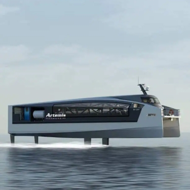 A modern, sleek hydrofoil ferry labeled Artemis glides above the water, supported by submerged foils, against a calm sea and clear sky background.