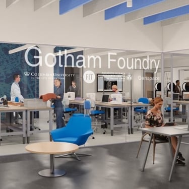 Rendering of Gotham Foundry shows a modern, open lab space with people working at desks and tables, some in lab coats. The setting is bright, with large windows, blue chairs, and collaborative work areas.