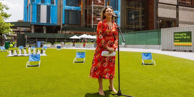 NYCEDC Chief Operating Officer Rachel Loeb speaking at the Willoughby Square Pop-Up Park Opening