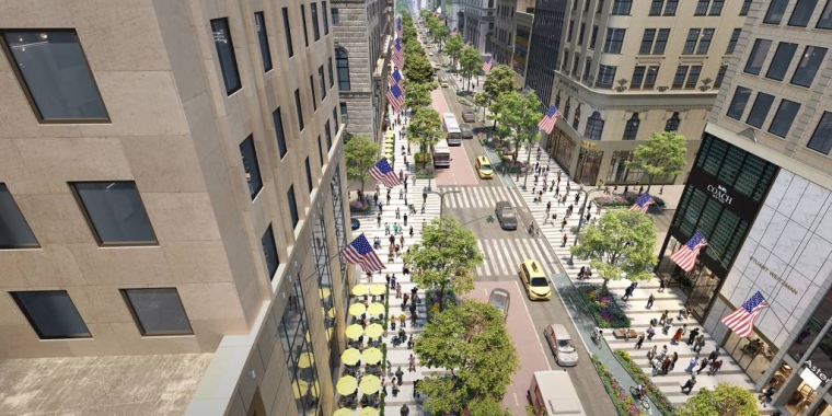 A rendering showing the transformed Fifth Avenue to accommodate pedestrians, cyclists, and public transit