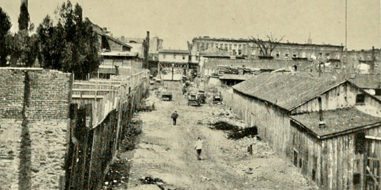 A view of the former site of the first Harlem burying ground/African Burial Ground in 1903, viewed from 127th Street near the Willis Avenue Bridge
