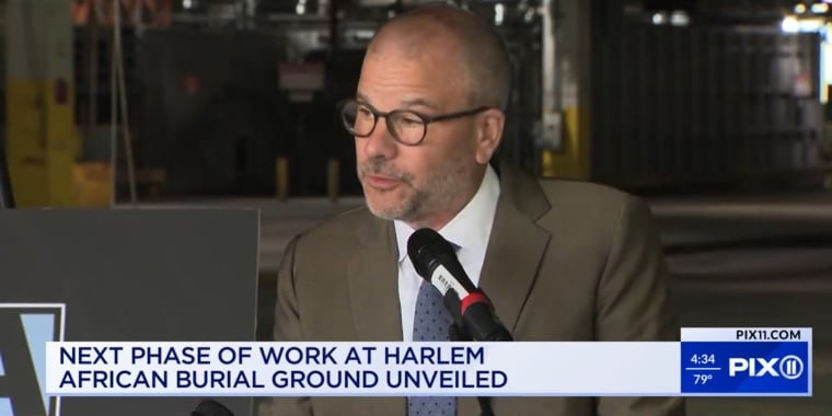 Screenshot of Andrew Kimball speaking in broadcast on Harlem African Burial Ground 