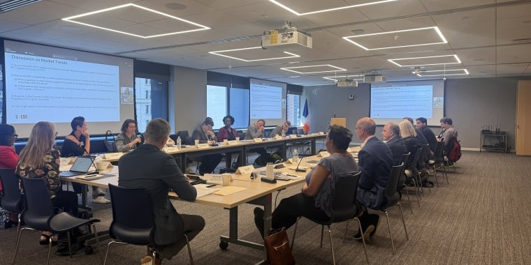 New York City Economic Development Corporation Green Economy Advisory Council members sit around a large conference table in a meeting room with presentations displayed on screens at both ends.