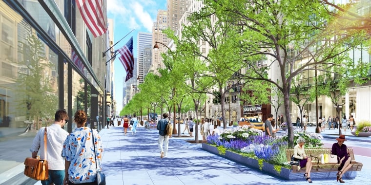 Tree-lined Fifth Avenue sidewalk showing people walking, American flags, tall buildings, and a few pedestrians sitting on benches.