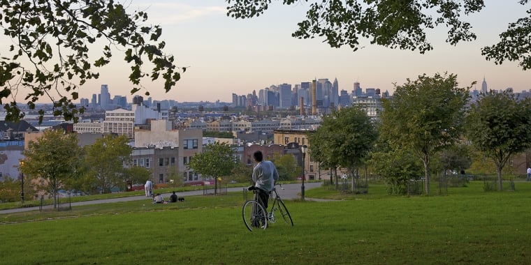 A person with a bicycle stands on a grassy hill in Sunset Park, overlooking a New York City skyline under a clear sky. Trees frame the scene.