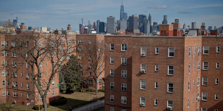 Red brick apartment buildings with small lawns and leafless trees in the foreground; the New York City skyline with skyscrapers and the One World Trade Center is visible in the background under a partly cloudy sky.