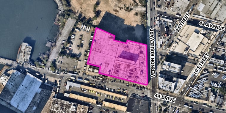 Aerial view of an industrial area with streets labeled Vernon Boulevard, 9 Street, 10 Street, 44 Avenue, and 44 Drive. A section of buildings and lots is highlighted in pink near Vernon Boulevard and 44 Drive.