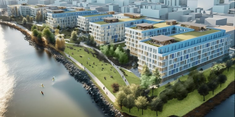 Aerial rendering of New Stapleton Waterfront featuring modern waterfront apartment buildings with green roofs, landscaped paths, and people walking by the water, with kayakers paddling nearby and a cityscape in the background. Image credit: GF55 Architects.