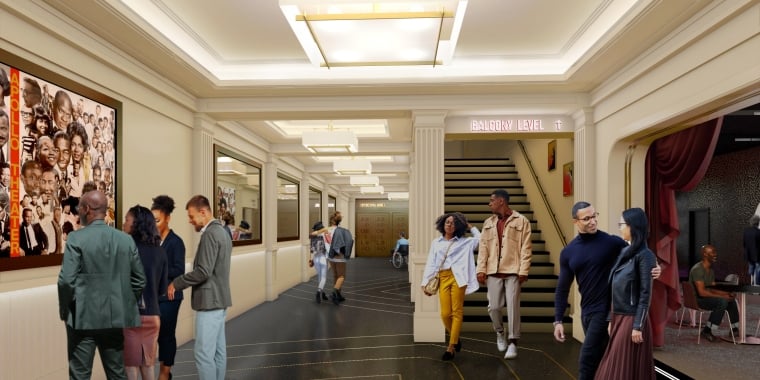 Interior rendering of Apollo Theater in Harlem, New York shows people walking and interacting in a stylish, modern theater lobby with bright lighting, wall art, and a staircase leading to the balcony level. Some individuals are seated in a side lounge area, while others converse in the hallway. Courtesy of Charcoalblue, Flyleaf Creative, and Beyer Blinder Belle.