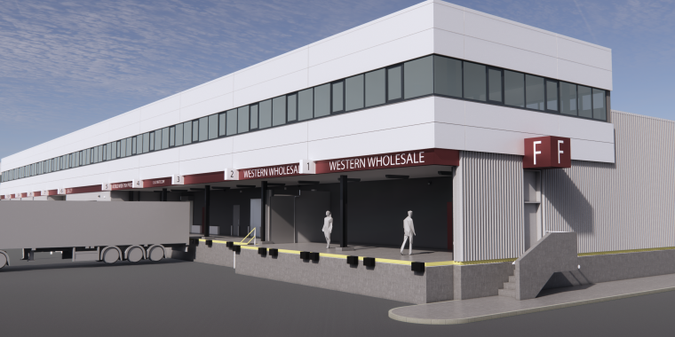 Render of Hunts Point Coop Market Building C Facade shows a modern warehouse building with large windows, multiple loading docks, a parked trailer, and signs reading WESTERN WHOLESALE. Two red F F signs are visible on the corner of the building.