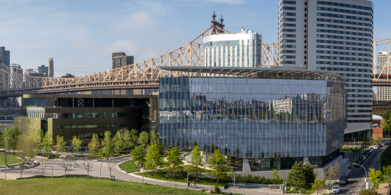 Photo of Cornell Tech campus shows a modern glass building and a high-rise hotel standing near a large bridge, with green trees and a park in the foreground on a sunny day. Cars are parked along the street below.