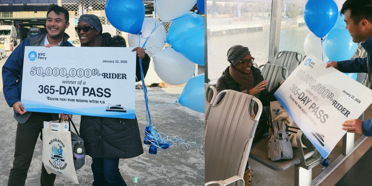 Collage of two photos: Left, a woman smiles holding a large 365-day pass card and stands with EVP of NYC Ferry, James Wong, by NYC Ferry balloons. Right, James Wong presents her with the large 365-day pass card inside a ferry. Credit: Hornblower Group.