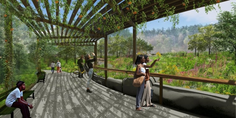 Rendering of people standing and sitting under a wooden pergola with vines, overlooking a lush green park with trees and wildflowers. Some take photos or point at the view. Sunlight casts shadows through the pergola roof.