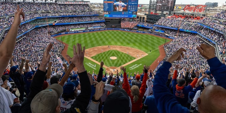 Fans cheer in a packed stadium at Citi Field during a baseball game between the New York Mets and Toronto Blue Jays, with the field, scoreboard, and NYC skyline visible in the background. Players are on the field and the atmosphere is lively and energetic. Photo by Al Bello/Getty Images.