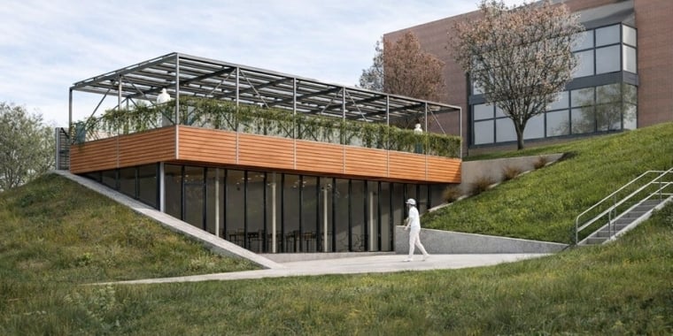 Rendering of a modern building at Queensborough Community College with a glass-walled lower level and a wooden-paneled terrace above, surrounded by greenery. A person in light clothing walks nearby, and trees and grassy slopes are visible in the background.