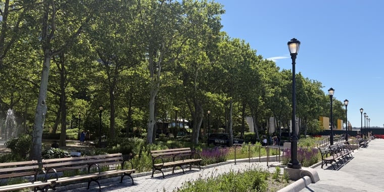 A sunny Battery Park scene with empty benches along a paved path, flowering plants, and tall green trees. Vintage-style street lamps line the walkway under a clear blue sky. People can be seen walking in the background. Photo by Mayoral Photography Office.