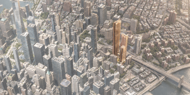 Aerial rendering by CetraRuddy Architects of downtown Manhattan with a focus on 100 Gold Street building near the Brooklyn Bridge, surrounded by dense skyscrapers and city streets.