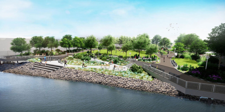 Architectural rendering of Box Street Park in Greenpoint with walking paths, benches, grassy areas, and trees overlooking Newtown Creek.