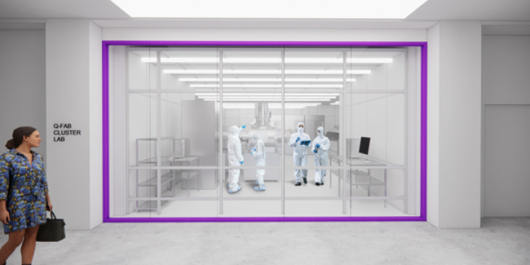 Rendering of NYU Quantum Facility shows a woman walking past a laboratory with a large glass window, where four people in white cleanroom suits are working inside.