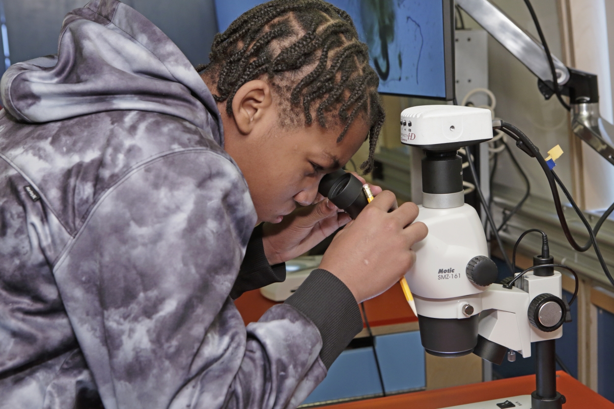 Student studying a sample with a microscope