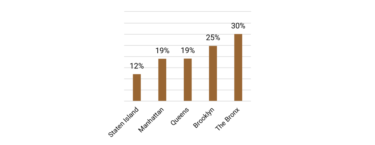 Bar chart showing the percentage of adults without a credit file is highest in the Bronx. Staten Island: -45k, Manhattan: 271k, Queens: 360k, Brooklyn: 507k, The Bronx: 30%. Bars are brown with grid lines and labels above each bar.