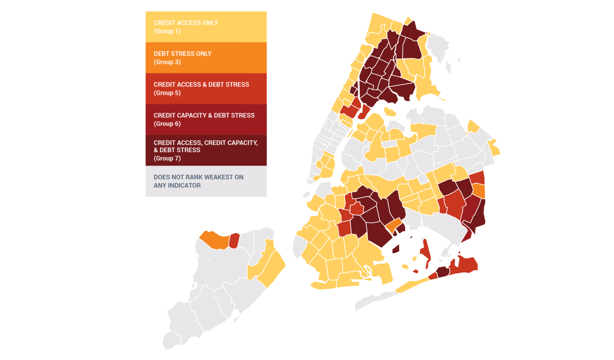 A map of New York City boroughs highlighting high credit stress levels in concentrated areas. Areas are color-coded: light yellow for credit access only, light orange for debt stress only, and darker shades for combinations of credit capacity, access, and debt stress.