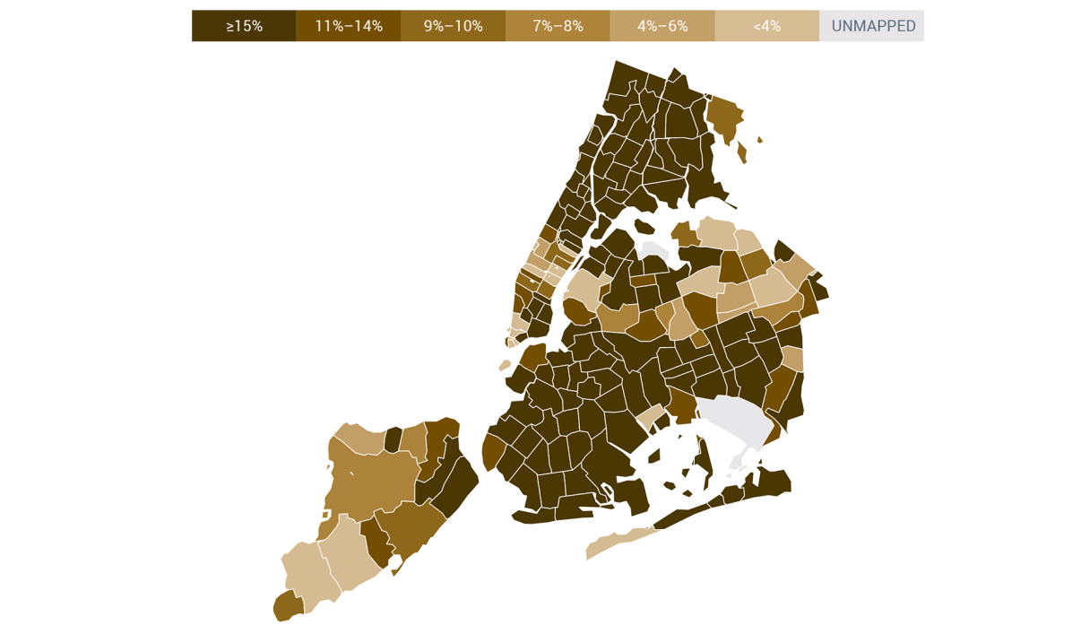 Map of New York City divided into neighborhoods with varying shades of brown indicating different percentage ranges showing in most NYC zip codes, more that 15 percent of residents are credit invisible. A color-coded key above shows ranges from ≥15% to &lt;4%, with some areas marked as Unmapped.