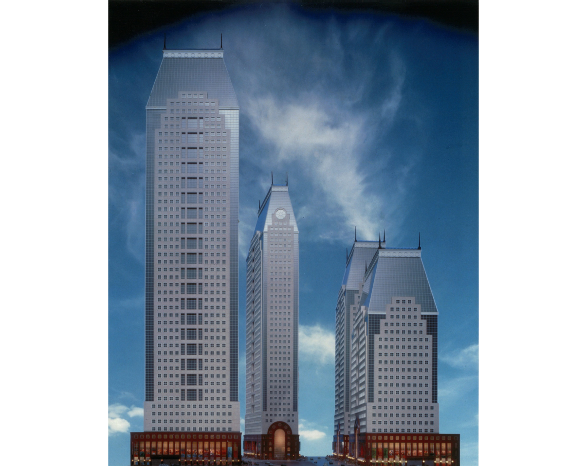 Park Tower Realty continued to evolve the designs of the office towers to better conform to the signage and lighting guidelines. Ultimately, as the office market bottomed out, the plans for the four towers were not pursued. Credit: Park Tower Realty and Thorney Lieberman