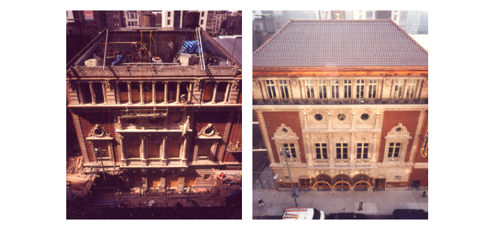 An aerial view of the project and the final result of the historical 43rd Street exterior after reconstruction. Image: by Fiona Spaulding-Smith.