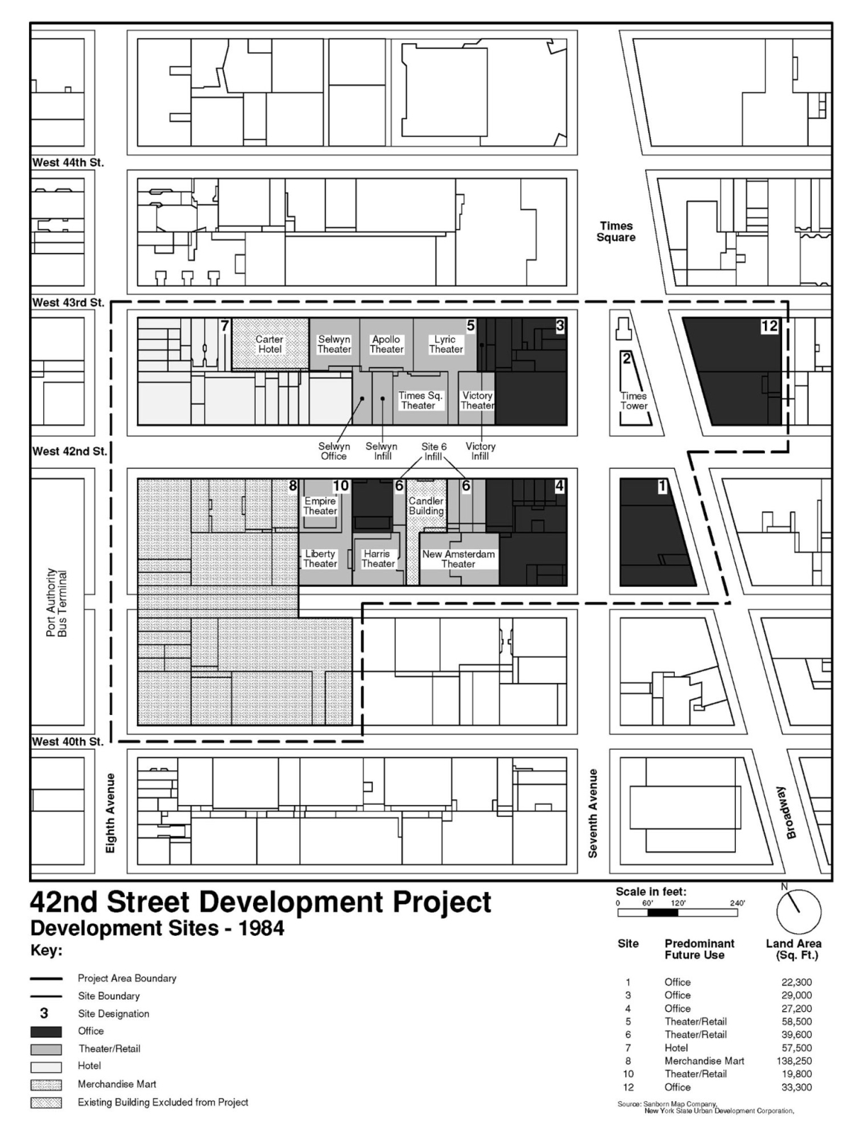 Map of the development sites for the 42nd Street Development Project.