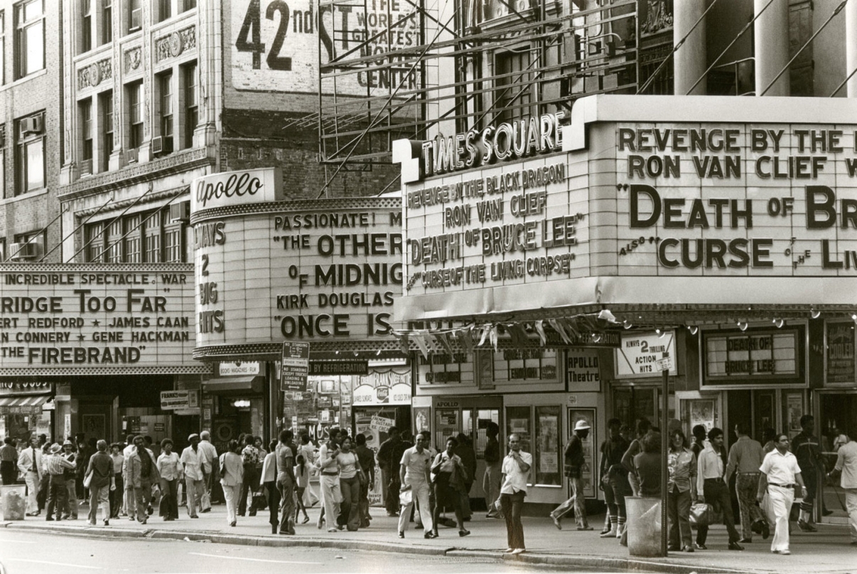 The Apollo and Times Square Theatres, circa 1977. Image: New York Historical Society.